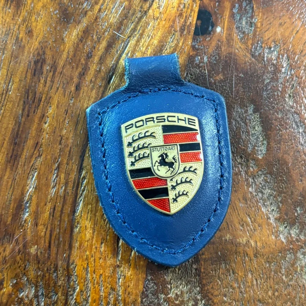 Porsche Blue Leather Crest Key Fob Stuttgart Shield Keychain Accessory